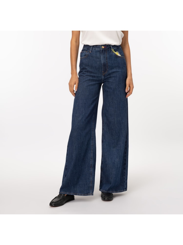 Calça Jeans de Cintura Alta e Perna Larga