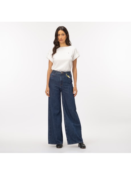 Calça Jeans de Cintura Alta e Perna Larga