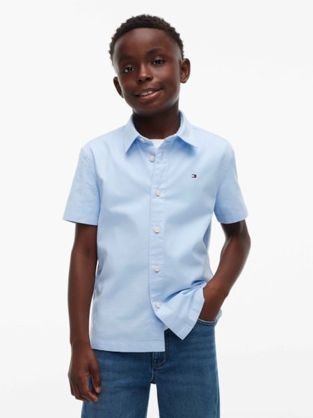 Camisa Oxford de Manga Curta Essential com Bordado de Bandeira