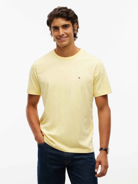 Camiseta de Gola C com Bordado de Bandeira