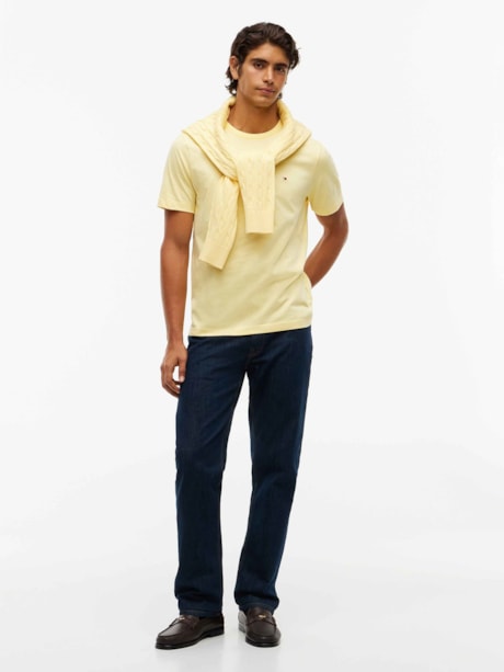 Camiseta de Gola C com Bordado de Bandeira