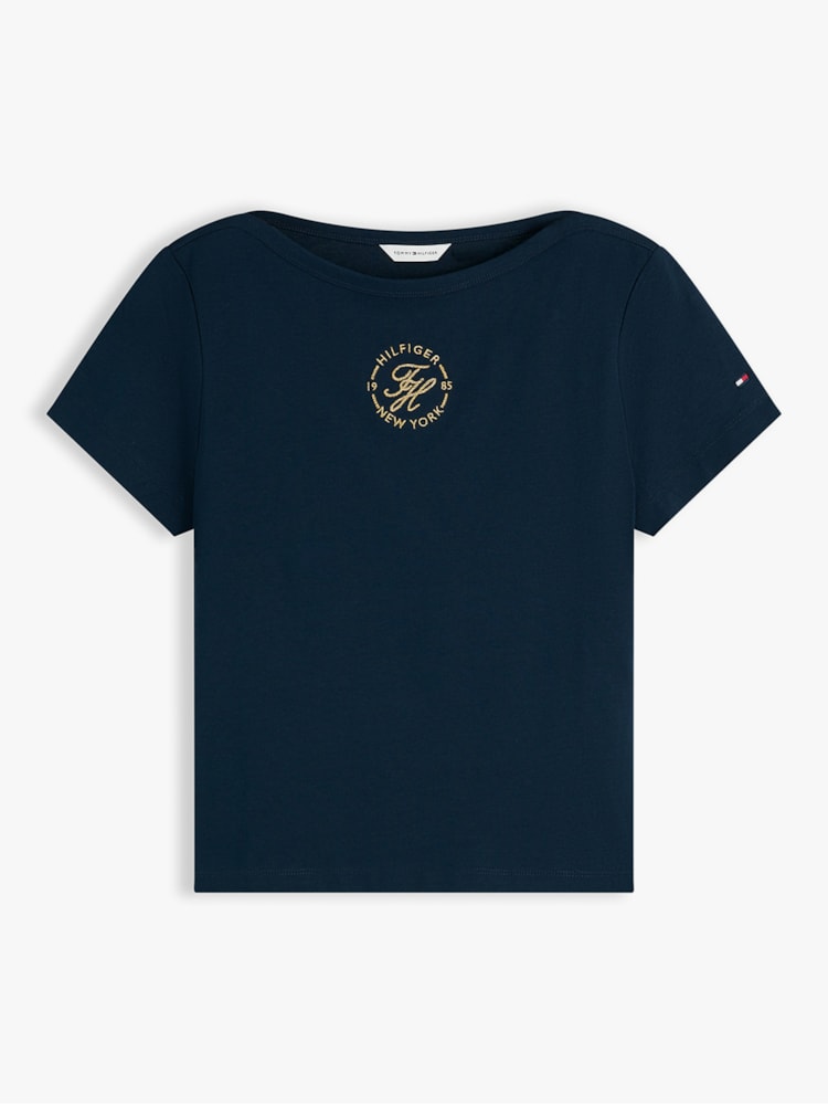 Camiseta Gola Canoa e Logo em Lurex