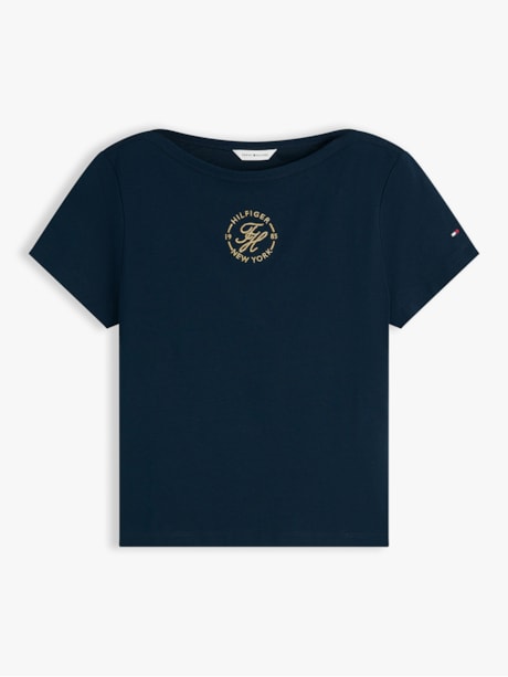 Camiseta Gola Canoa e Logo em Lurex