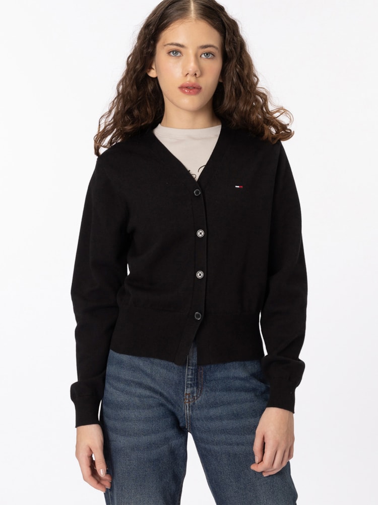 Cardigan com Fehamento de Botão e Logo Bordado