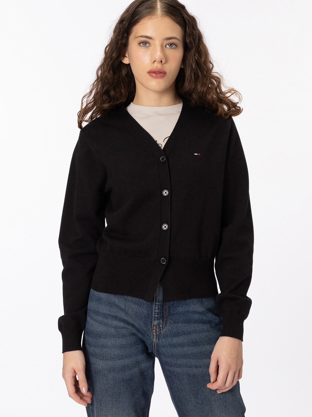 Cardigan com Fehamento de Botão e Logo Bordado