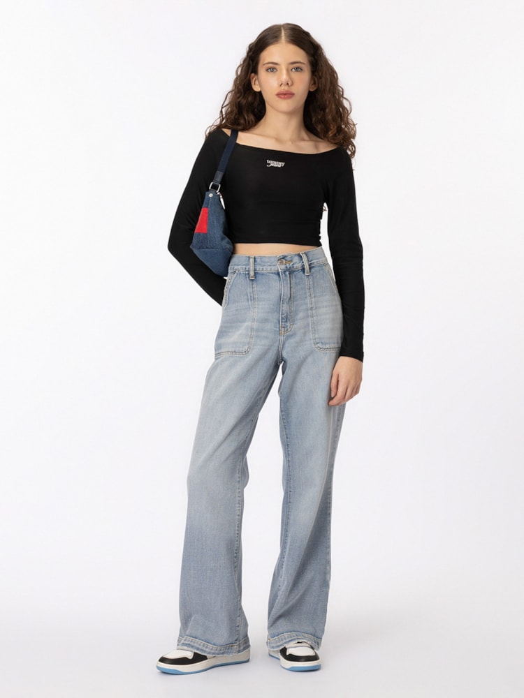 Cropped tommy jeans ombro a ombro com aplicação metalizada