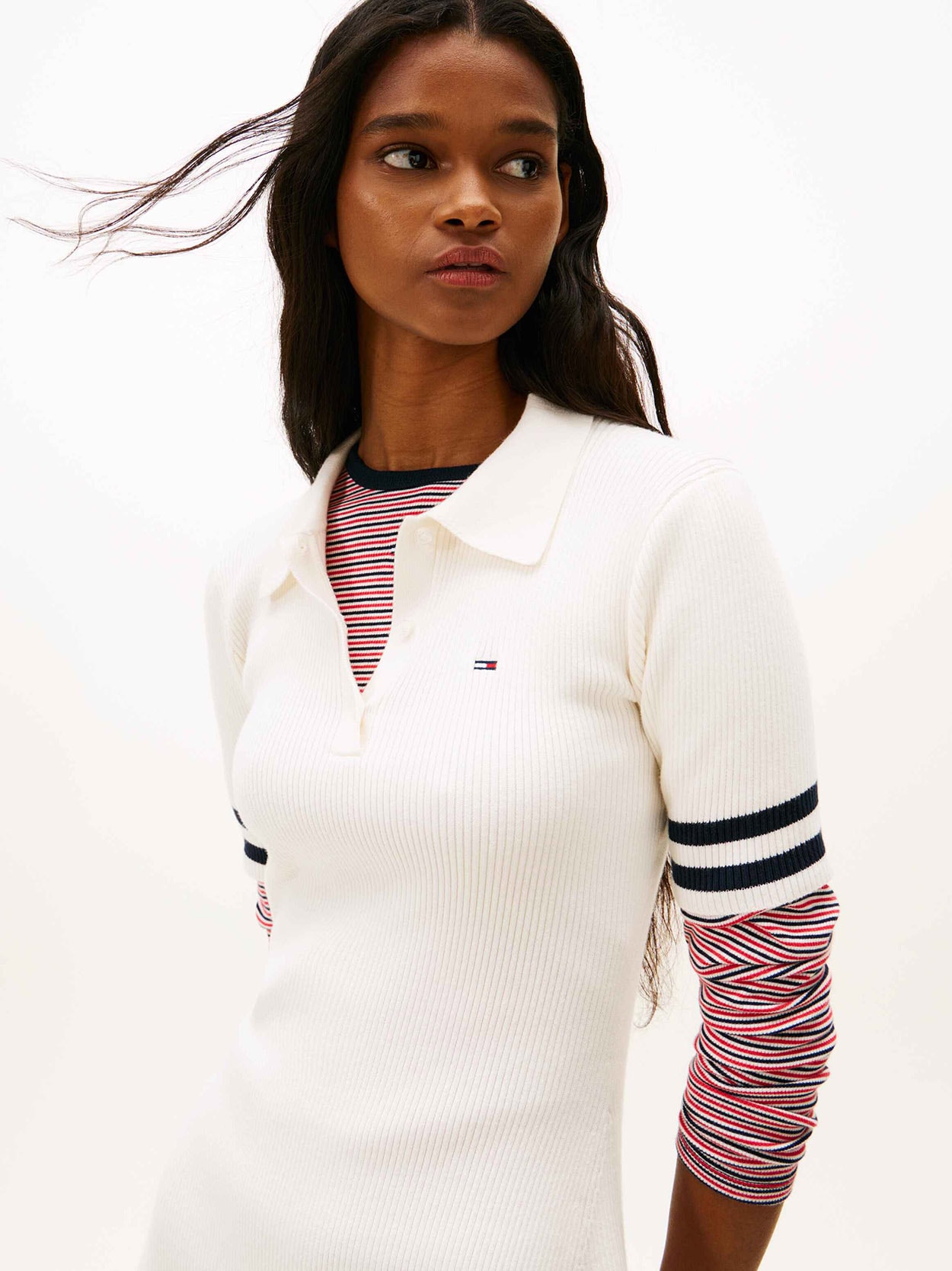 Vestido de Tricot Canelado Listras Contrastantes Gola V Tommy Jeans