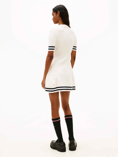 Vestido de Tricot Canelado Listras Contrastantes Gola V Tommy Jeans