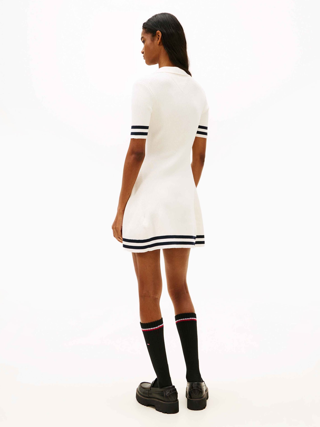 Vestido de Tricot Canelado Listras Contrastantes Gola V Tommy Jeans